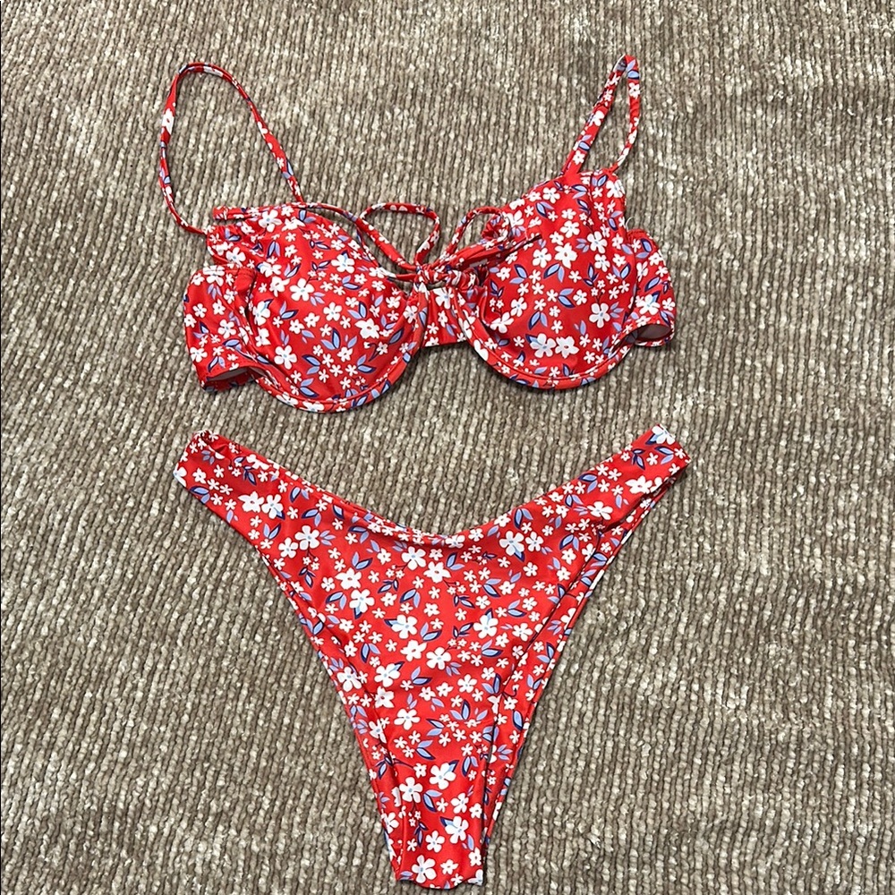 Shein Red white and blue Floral Bikini Set